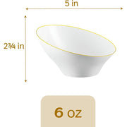 Plasticpro Angled White Plastic Serving Bowls with Gold Rim, Disposable Small Bowls, Pack of 8