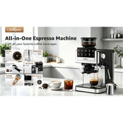 LifeImpree Espresso Machine with Grinder, 20 Bar Pressure, 1550W Fast Heating, Powerful Milk Frother Steam Wand, 30 Grind Settings, Portafilter for Capsules, Silver, CM7207CB