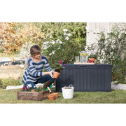 Keter Marvel Plus 71 Gallon Resin Outdoor Storage Box with Wood-Look Texture, Weather-Resistant, Lockable, Graphite