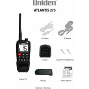 Uniden Atlantis 275 Floating Handheld VHF Marine Radio, IPX8 Submersible Waterproof, Large Dual-Color Backlit Screen, 6-Watt, All USA International Canadian Channels, NOAA Weather Alerts