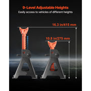 KFFKFF Heavy Duty Steel Jack Stands, 3 Ton Capacity, Adjustable Height 10.8 to 16.3 in, Secure Ratchet Locking Mechanism, Set of 2, HM3141B