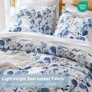 Comfort Spaces Full Queen Reversible Seersucker Floral Comforter Set, Lightweight Blue Botanical Flowers, 3 Piece Bedding with Pillow Shams