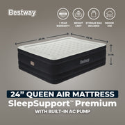 Bestway SleepSupport Queen Air Mattress, 24 in Thick, Built-in AC Pump, Durable PVC, Indoor Use