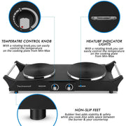Techwood WS-ES-3203 Hot Plate Electric Single Portable Burner for Cooking and Stay Cool Handles, Black