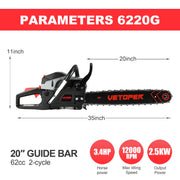 Vetoper Gas Chainsaw, 20in Bar, 3.4HP 62cc 2-Cycle Engine, Rear Handle with Anti-Vibration, Chain Brake, Automatic Oiler, MJ-6220F18