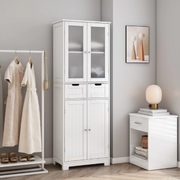 Homfa 4 Doors Linen Storage Cabinet 3-Tier Wood Tall Cabinet Cupboard with 2 Drawers for Living Roo
