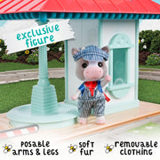 Sunny Days Entertainment Honey Bee Acres Thistlestop Electric Train Station Set, Motorized Train with Realistic Lights and Sounds, Poseable Cow Figure, 19 Pieces