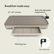Bella Electric Griddle, 12 in x 22 in, EverGood Ceramic Nonstick Coating, Removable Temperature Probe, Warming Tray, Oatmilk, 35115-016A