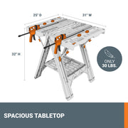 WORX Pegasus Folding Work Table and Sawhorse, Dual Function, Lightweight, Portable, Quick Clamps, Linkable, Black, WX064