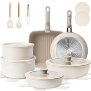 Kikcoin KCWS02BE06D22 22-Piece Non-Toxic Nonstick Cookware Set with Detachable Handles, Dishwasher Safe (Beige)