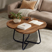 CERBIOR Vintage Modern Small Round Coffee Table, Wood Flower Finish, Wooden Surface Top, Sturdy Metal Legs, Raised Edge Design, 15 in