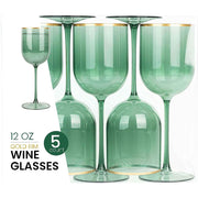 Plasticpro Green Plastic Wine Glasses with Gold Rim, 12 Oz, Set of 10, Durable Disposable Stemware