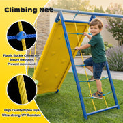 Gardwin 6 in1 Metal Swing Set, Heavy-Duty Outdoor Playground with Climber Net, Climber Wall, Saucer Swing, Double Wall Slide, Belt Swing, Trapeze Bar, Yellow, For 7 Kids Ages 3-12, GW-SW503-BY