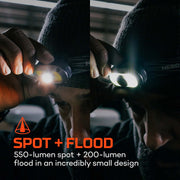 NEBO Mycro 550+ Rechargeable LED Headlamp, 550 Lumens, Spot and Flood Combo, Adjustable Tilt, USB-C Rechargeable, Gray