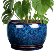 Ordivic 10 Inch Blue Glazed Large Ceramic Flower Pot with Drainage Hole and Saucer for Indoor Trees
