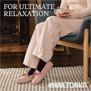 Minnetonka Womens Suede Moccasin Slippers, Pile Lined, Adjustable Rawhide Lace, Stone, Size 9