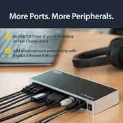 StarTech.com Laptop Docking Station, USB 3.0 Dual Monitor with HDMI and DVI/VGA, 6-Port USB 3.1 Hub, Gigabit Ethernet, Audio, Black and Silver, DK30ADD