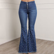 Panan Women's High Waisted Pearl Embellished Flared Jeans with Button Front, L, Blue