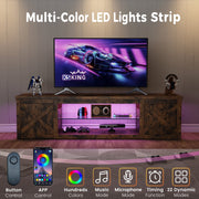 HOMRELEXA Farmhouse TV Stand for TVs Up to 65 in, Brown Burned Wood Finish, Adjustable Glass Shelves, Open Storage Cabinet, RGB LED Lighting