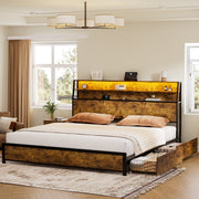 GUNAITO King Bed Frame with Three-Shelf Storage Headboard, Two Drawers, Adjustable LED Lighting, Built-In USB Ports, Rustic Brown