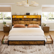 GUNAITO WAL-HB067GKCB King Bed Frame with Three-Shelf Storage Headboard, Two Drawers, Adjustable LED Lighting, Built-In USB Ports, Rustic Brown