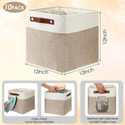 Unbranded 10 Pcs Collapsible Linen Storage Bins with Metal Handles, Foldable Fabric Rectangle Organizer for Home Closet Nursery, Beige and White, 12 x 12 x 12 in