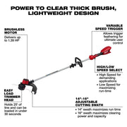 Milwaukee M18 Brushless 18V Cordless String Trimmer, 16in Cutting Swath, Variable Speed Trigger, 2828-20E