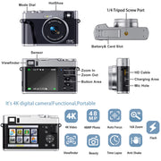 ACTITOP 4K Digital Camera for Photography with Viewfinder 48MP Vlogging Camera for YouTube with 32GB Card 16X Autofocus Anti-Shake Travel Portable Video Camera Camcorder - Black