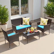 Lacoo 4 Piece Outdoor Patio Furniture Set, PE Rattan Wicker, Steel Frame, Blue Cushions, Loveseat, 2 Chairs, Coffee Table, GS-4RCS8BU