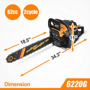 SALEM MASTER SM-6220G 20 in. 6220H 62CC 2-Cycle Gas Powered Chainsaw for Farm/Garden/Ranch