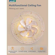 Zardon 20in Caged Ceiling Fan with Integrated LED Light, Remote Control, Reversible Motor, 6 Speeds, Flush Mount, White and Gold