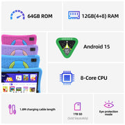 Plimpton 2025 Kids Tablet, Android 15, 10.1 Inch HD IPS Display, 12GB RAM, 64GB Storage, 8-Core CPU, Parental Control, Shockproof Case, Rotatable Bracket, 6000mAh Battery, Purple