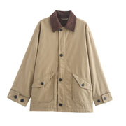 ScarletteEmmy Mid-Length Oversized Canvas Jacket for Women, Khaki, Contrast Corduroy Collar, Loose Fit Utility Coat, Lightweight Casual Outerwear