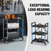 WORKPRO 3-Tier Folding Service Cart with Wheels, 210 Lb Load Capacity, Aluminum and Polypropylene, Foldable Utility Cart for Garage Warehouse Home Office, W083076AW