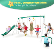 YuAnWe Swing Set for Backyard with Slide, Belt Swings, Seesaw, Trapeze and Glider, Green