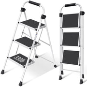 KINGRACK WK2207B-3-W 3 Step Folding Step Stool with Handrail & Steel , White