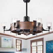 Warehouse of Tiffany Lodgin Faux-Wood 35-Inch 6-Light Ceiling Fan Fandelier with Glass Pillar Lamps, Remote Control, Black Finish, CFL-8399FI