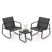 Costway HCST00573 3-Piece Metal Outdoor Bistro Patio Rocking Set 2 Rocking Bistro Chairs and Glass-Top Table