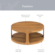 My Texas House Haven Round Coffee Table, 40-Inch Wood Top, Warm Brown Finish, Drum-Style Base, Open Lower Shelf, MT65250047100A7