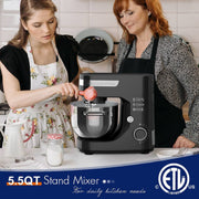 WHALL HH-9107A 5.5Qt 12-Speed Tilt-Head Electric Kitchen Mixer with Dough Hook/Wire Whip/Beater, Black,