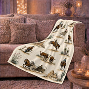 IRGFVVCN Western Ranch Riders Flannel Throw Blanket, Classic Cowboy Design, Warm Cream Polyester