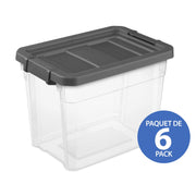 Sterilite 1473 28 Liter Stacker Box, Durable Clear Plastic Storage Bin with Latch Lid, Dark Gray, 6 Pk