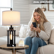 Cinkeda Modern Table Lamp Set of 2 with USB Charging Ports, 3-Way Dimmable Nightlight, Black Metal Frame, White Linen Shade, Industrial Style, 23.5 in, WMTD-485
