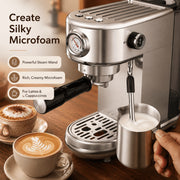Amumu 20 Bar Espresso Machine with Steam Wand Milk Frother, Pressure Gauge, Compact Stainless Steel Coffee Maker, Silver, EM3111