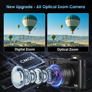 ACTITOP Digital Camera, 64MP Dual Lens, 5K UHD Video, 6X Optical Zoom, Wi-Fi Enabled, 2.8-Inch IPS Screen, Black