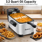 Bluebow Electric Deep Fryer, 3.2QT Oil Capacity, 1700W Immersion Heating, Adjustable Temperature, Stainless Steel with Viewing Window Lid, HD3301