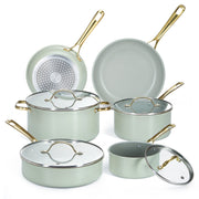 Chef Power AHUSNS01156 10 Pcs Ceramic Nonstick Cookware Set w/Brushed Gold Stainless Steel Handles, Sage Green