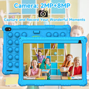 YQSavior Android 15 Kids Tablet, 10.1 Inch IPS HD Display, 8GB RAM, 32GB Storage, Quad-Core 1.8GHz Processor, Wi-Fi, Parental Control, Dual Cameras, Blue with Protective Case, CP10K