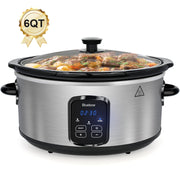 Bluebow Slow Cooker, 6 Quart, Stainless Steel, Removable Stoneware Pot, 3 Heat Settings with Auto Keep Warm, Non-Stick Surface, Cool-Touch Handles
