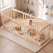 Babyeap Foldable Wooden Baby Playpen, Large Adjustable Indoor Play Yard with Built-In Gate, Brown, 47x47x23.6 in